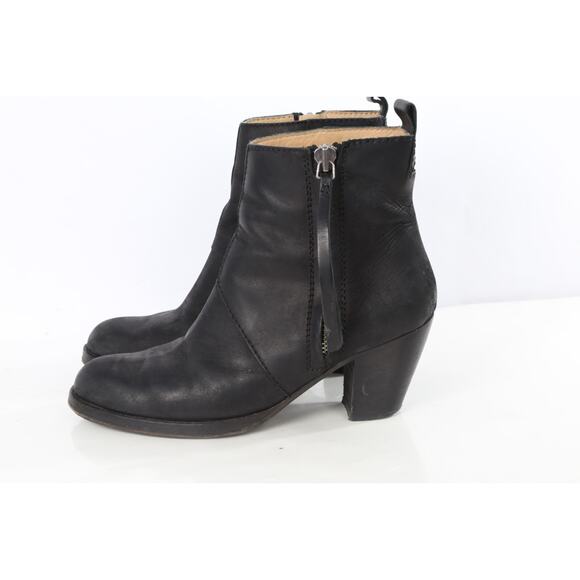 Acne Studios Black Leather Round Toe Heel Zip Ankle Boots Size 40 - Picture 1 of 16